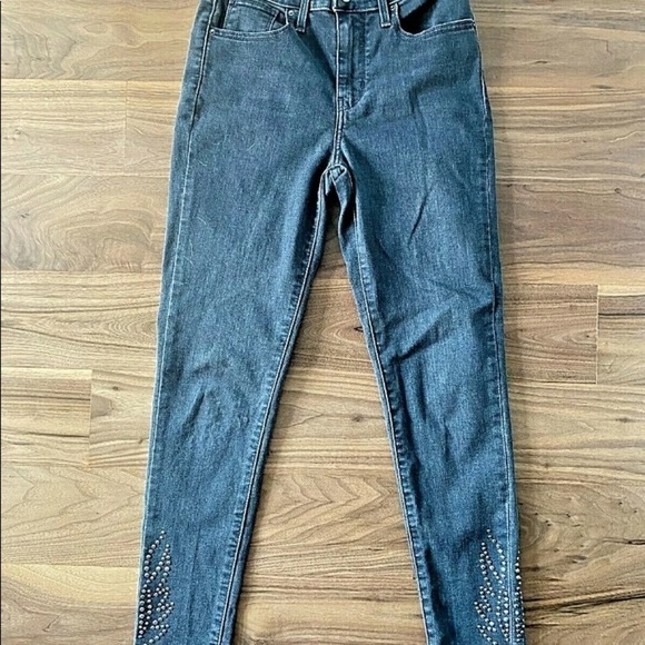 RARE Womens Levis 721 Jeans Sz 26 High Rise Skinny Ankle Black Denim Stud Flame - Picture 2 of 6